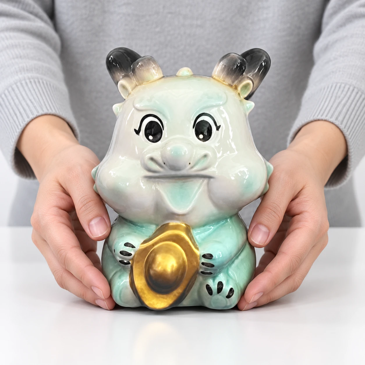 Hai tay đặt heo đất hình rồng S3 lên mặt bàn
