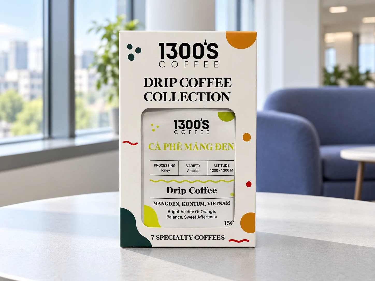 Hộp cà phê phin giấy 1300S Collection trên bàn khu nghỉ công sở