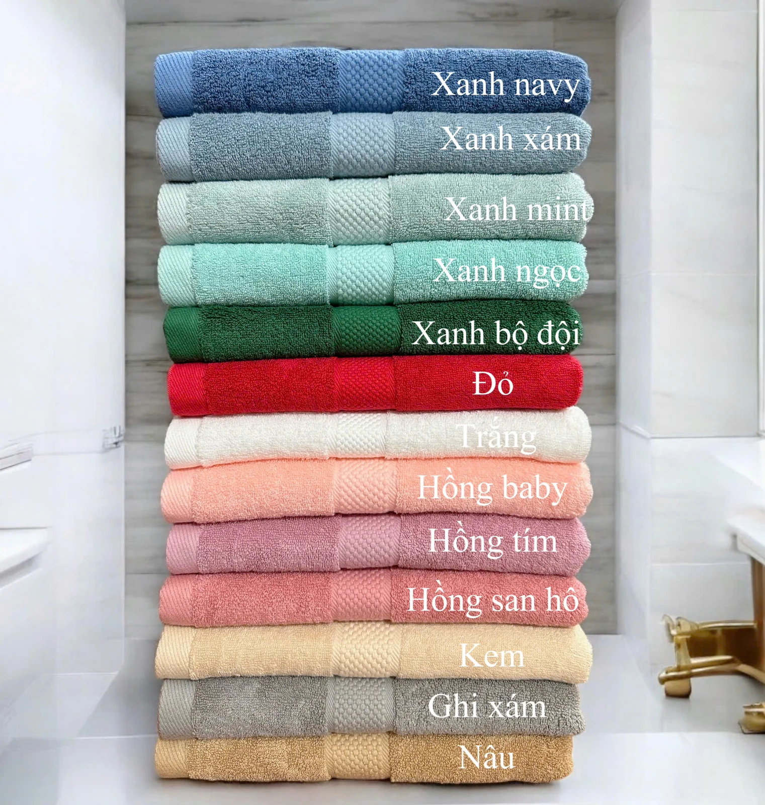 Các màu khăn cotton với tên màu và dải biên vân nổi