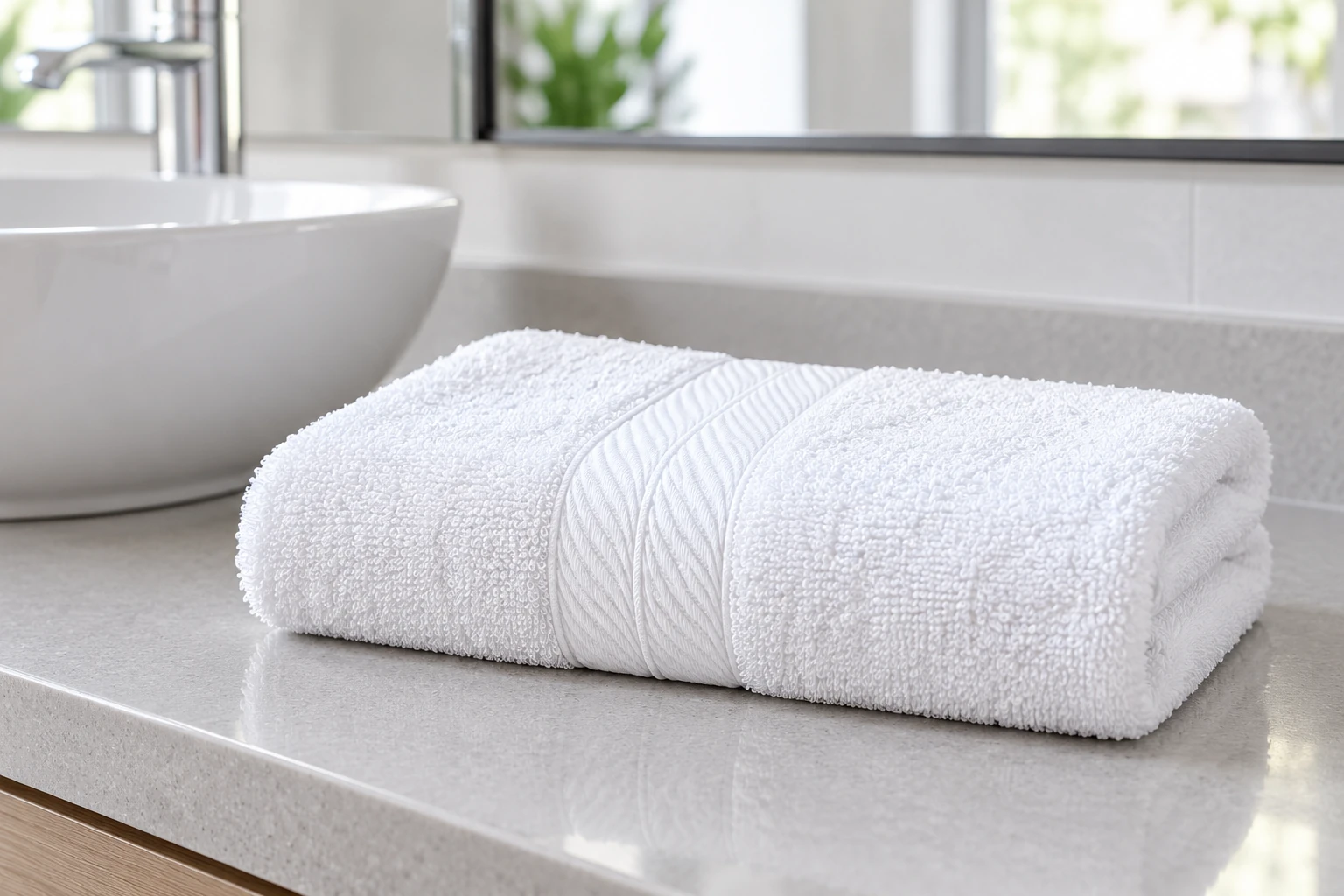 Một khăn cotton trắng gấp gọn cạnh chậu rửa