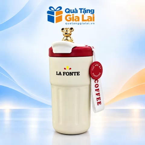 Ly giữ nhiệt La Fonte 012775 màu kem nắp đỏ với dây COFFEE