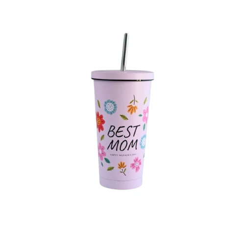 Mặt trước ly La Fonte Best Mom 570 ml với chữ BEST MOM và hoa