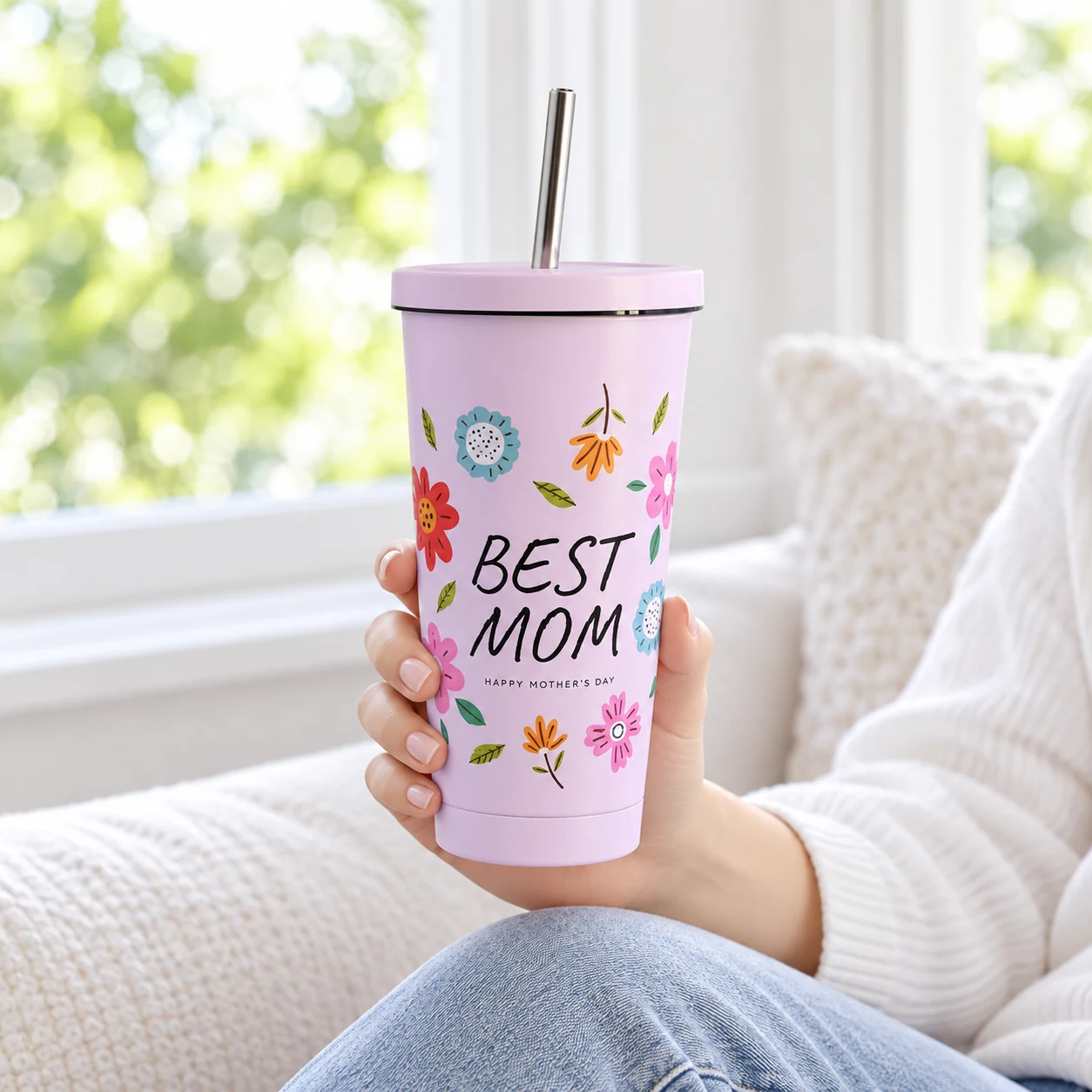 Cầm ly La Fonte Best Mom hồng tím nhạt tại góc đọc sách sáng ở nhà