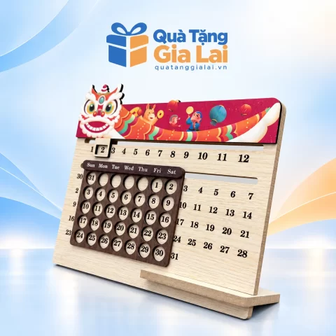Lịch gỗ khung trượt với họa tiết múa lân màu đỏ
