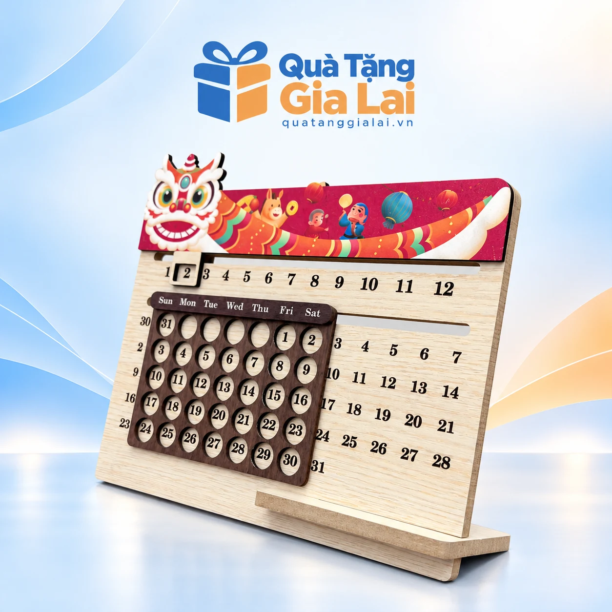 Lịch gỗ khung trượt với họa tiết múa lân màu đỏ