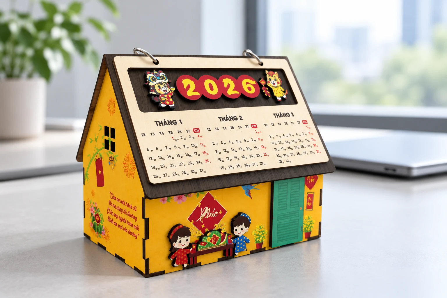 Lịch gỗ ngôi nhà màu vàng trên bàn làm việc