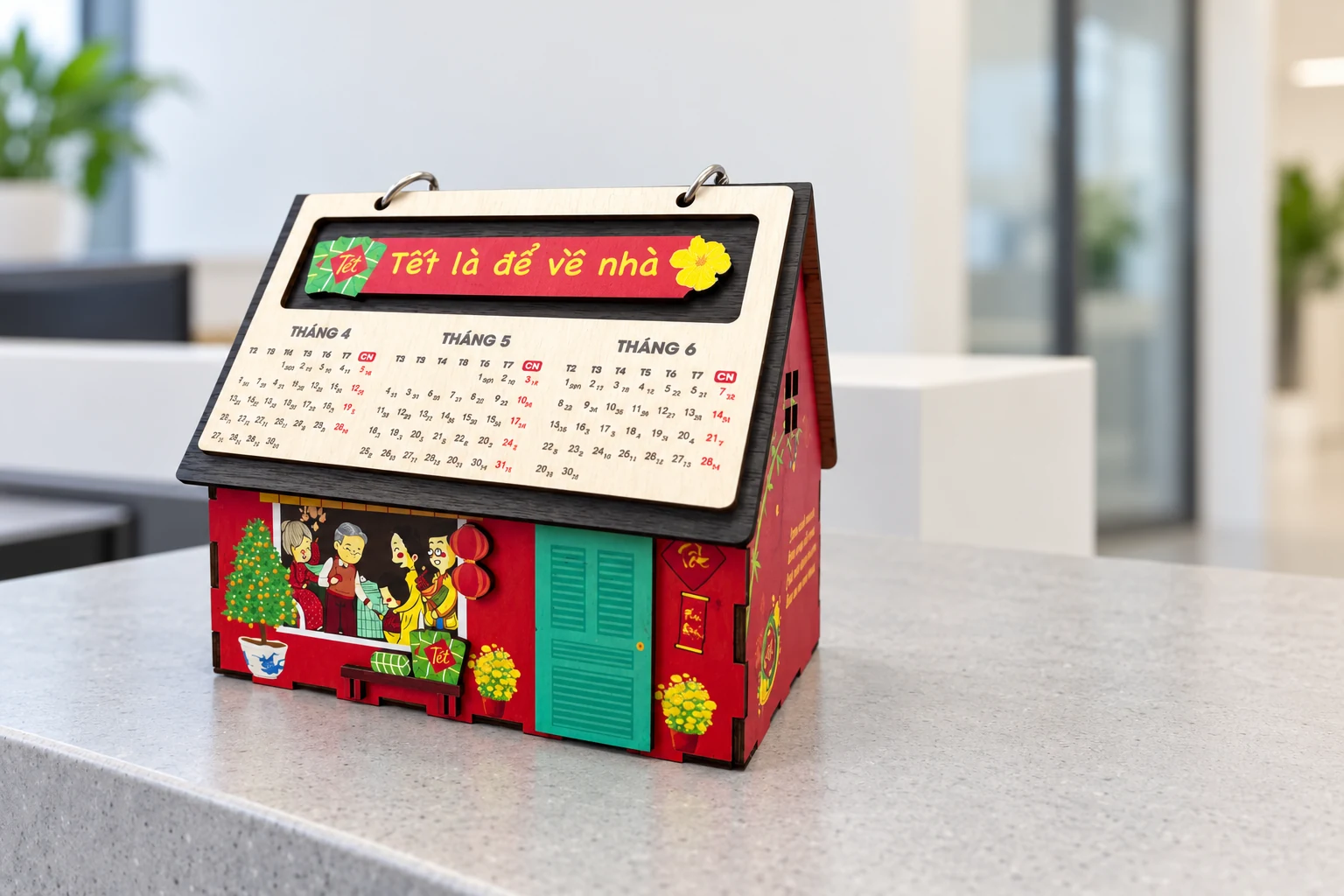 Lịch ngôi nhà màu đỏ tại quầy tiếp đón