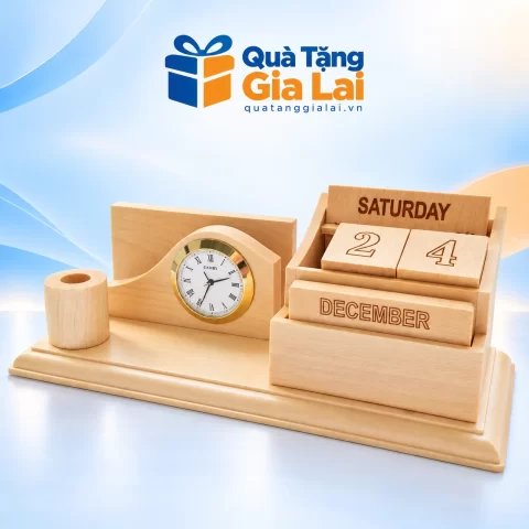Lịch gỗ hai khối số kết hợp đồng hồ trên đế dài