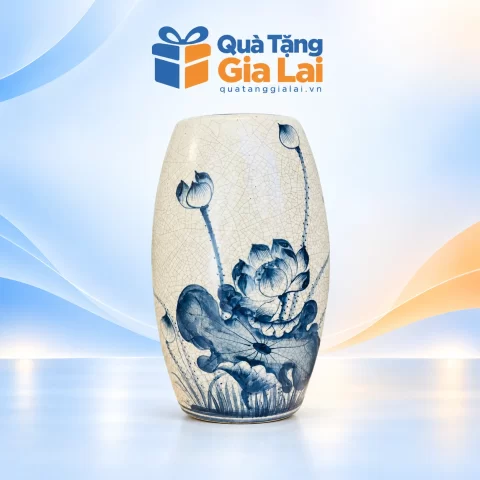 Lọ hoa dáng bom H30 men rạn vẽ sen xanh