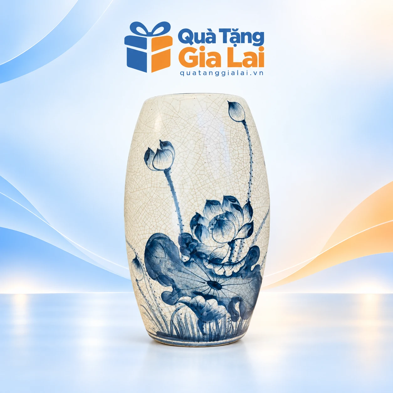 Lọ hoa dáng bom H30 men rạn vẽ sen xanh