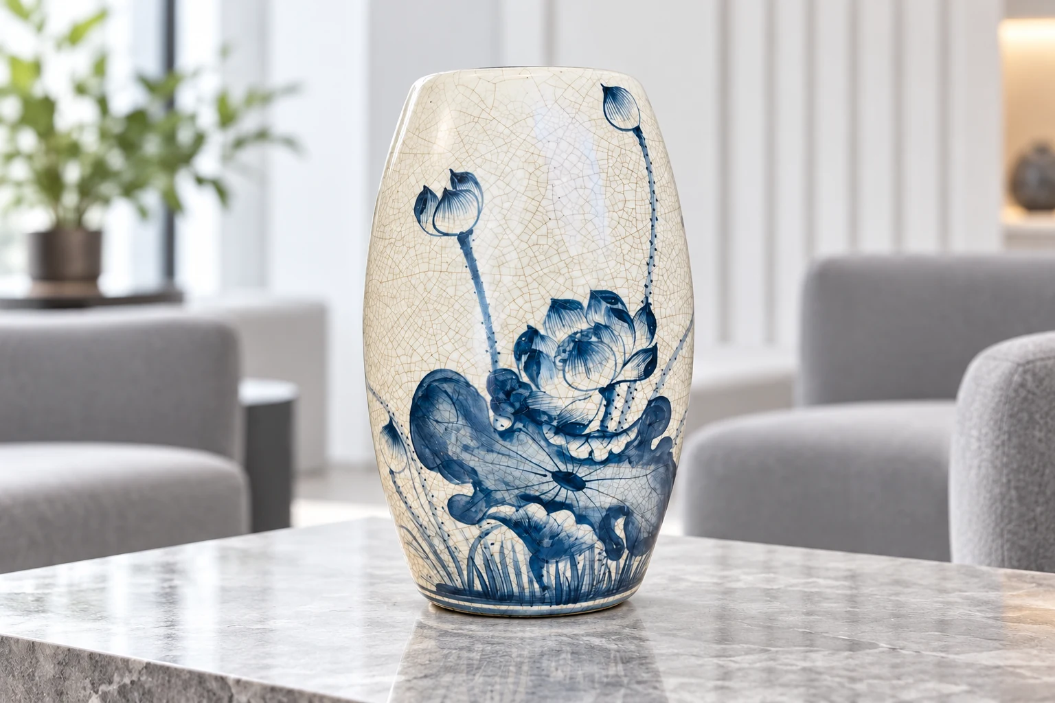 Lọ men rạn sen xanh H30 trên mặt đá trong góc tiếp khách