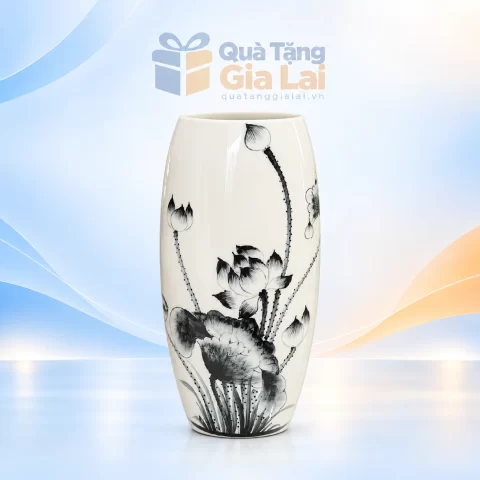 Lọ hoa dáng bom men trắng vẽ sen đen