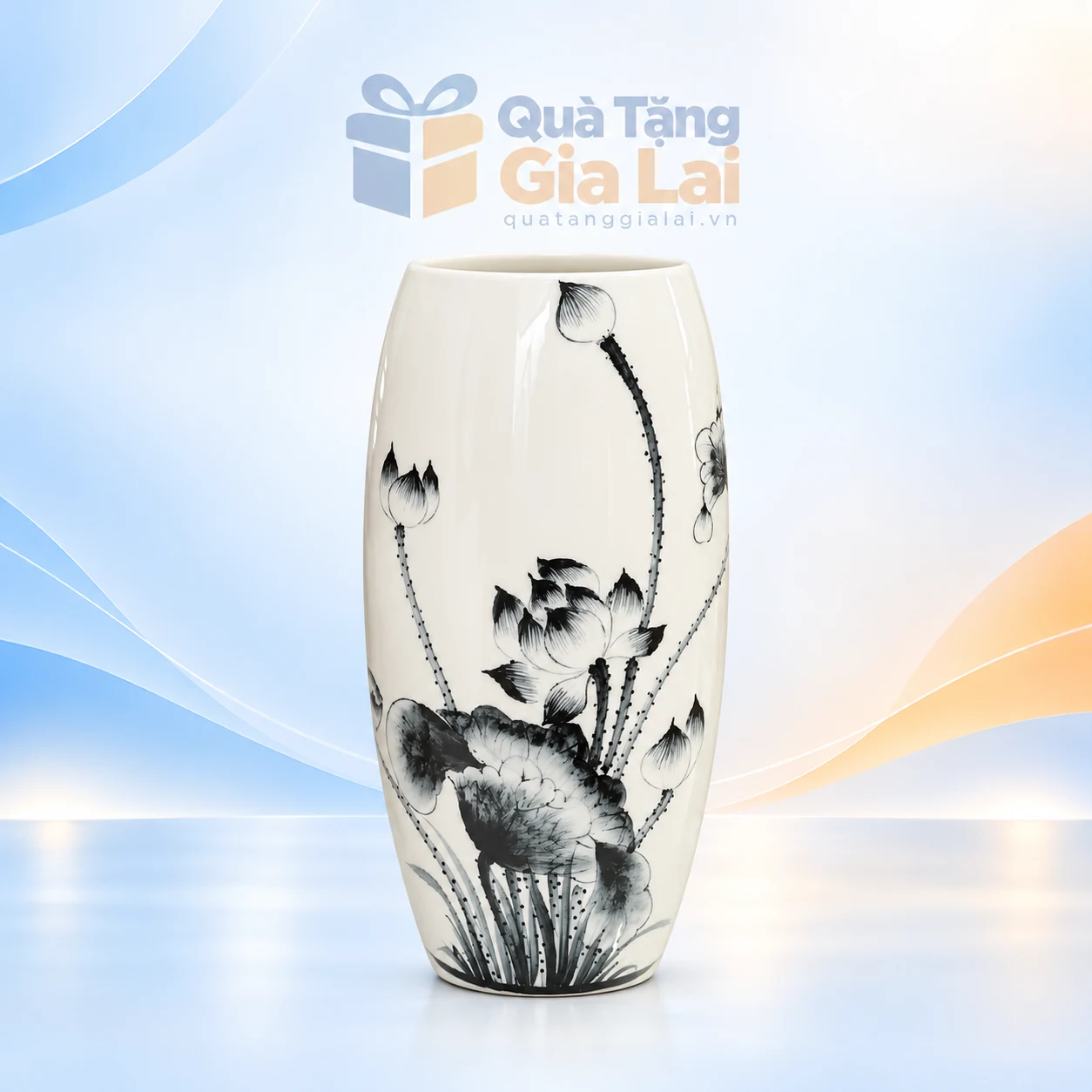 Lọ hoa dáng bom men trắng vẽ sen đen