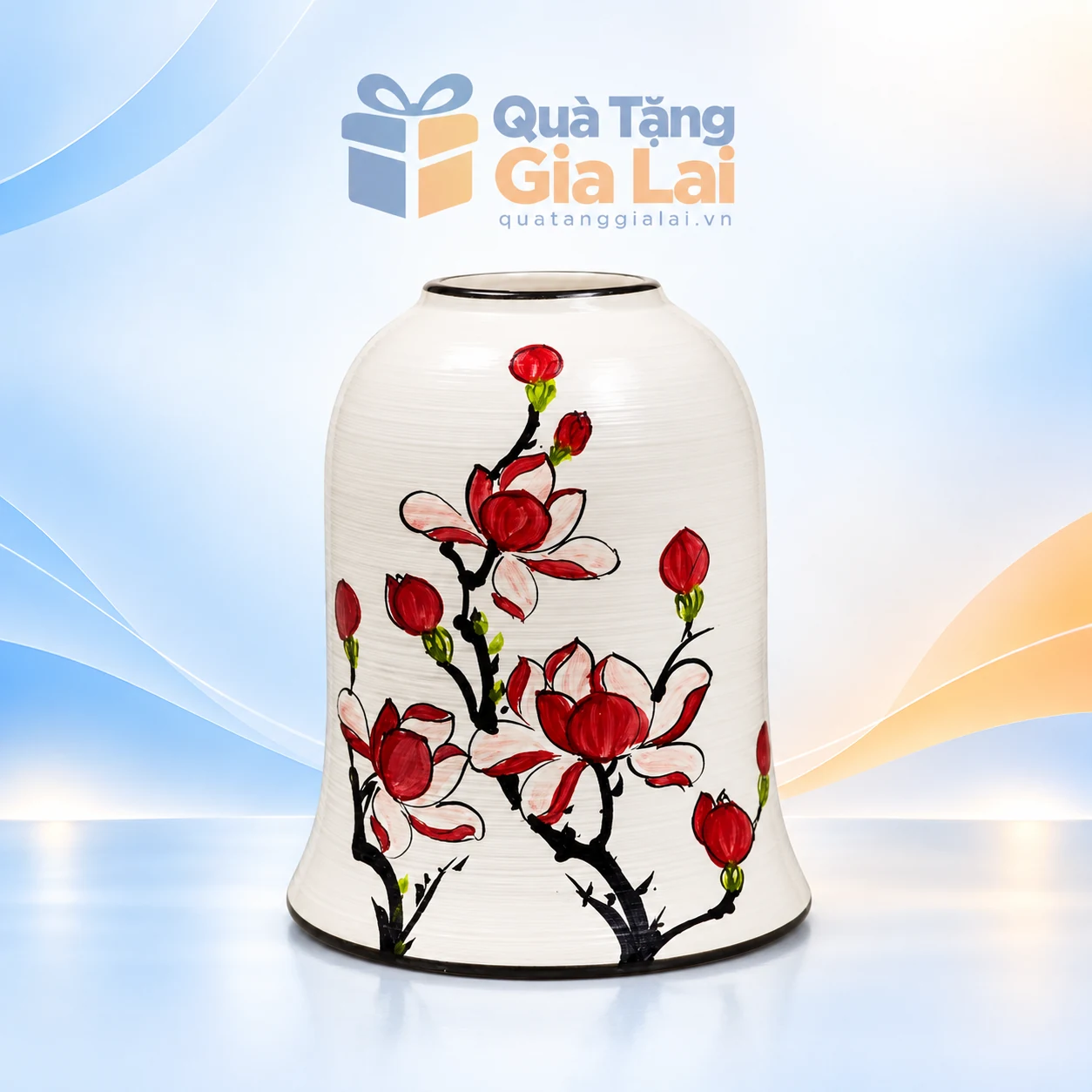 Lọ hoa dáng chuông S2 men xước họa tiết hoa đỏ