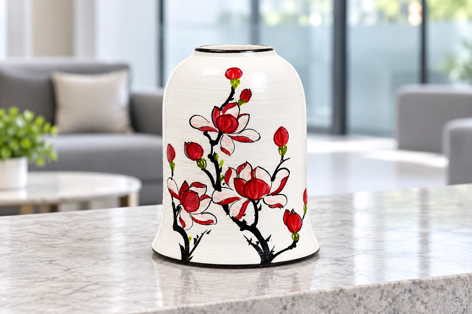 Lọ dáng chuông S2 hoa đỏ ở góc tiếp khách