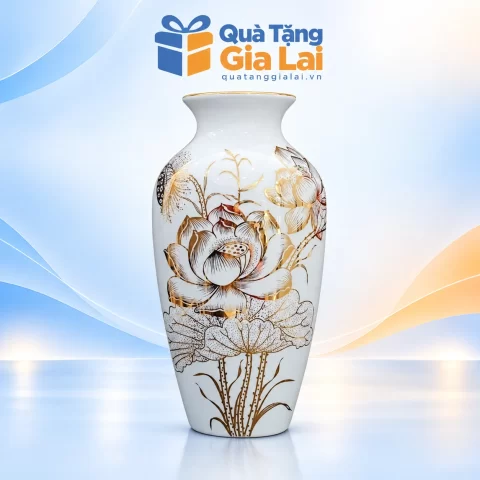 Lọ hoa cổ rụt H27 men trắng họa tiết sen vàng kim