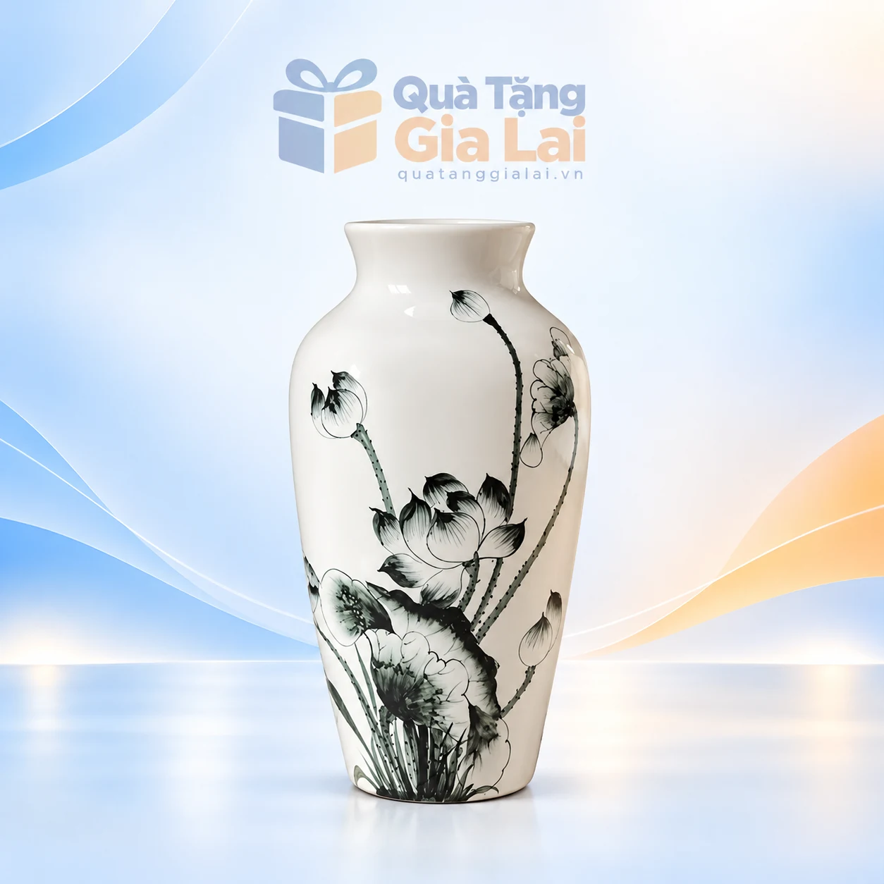 Lọ hoa cổ rụt men trắng H29 vẽ sen đen