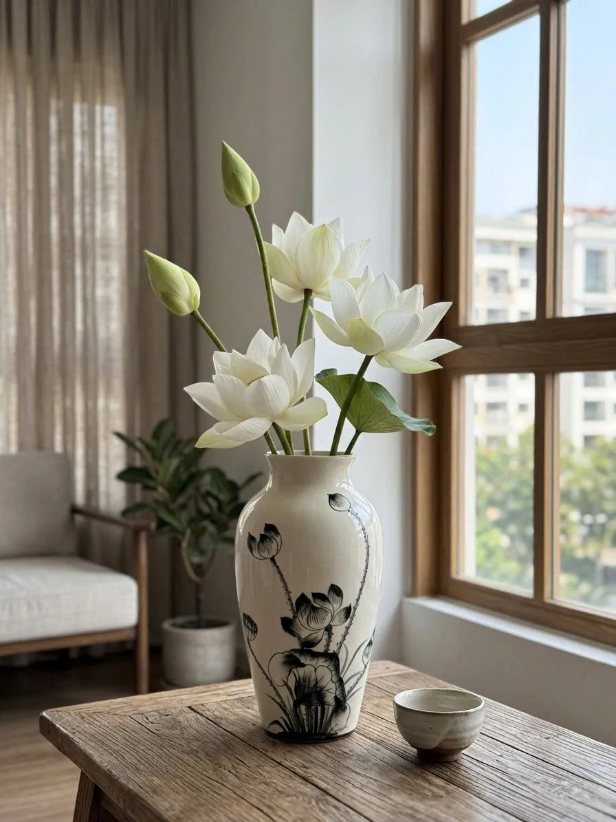 Lọ cổ rụt sen đen bày với cành sen trắng bên cửa sổ
