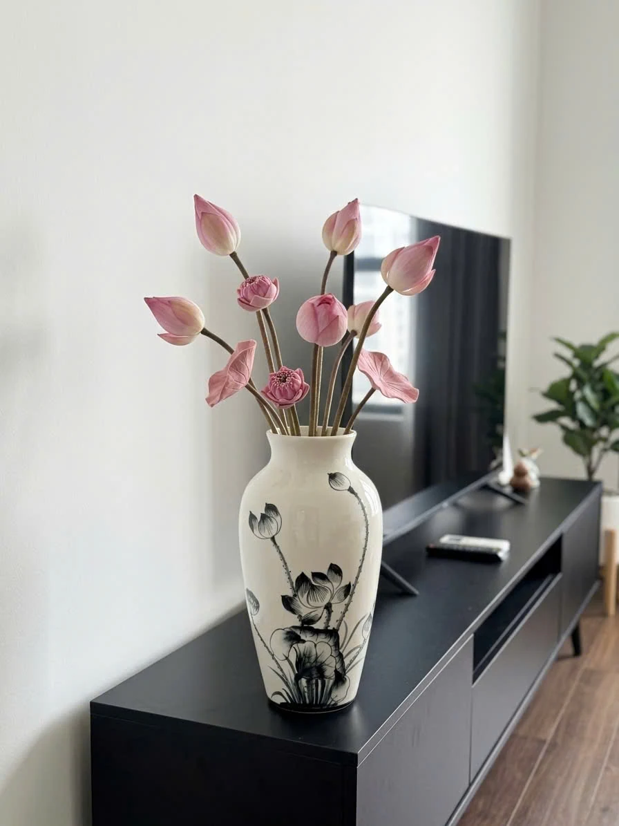 Lọ cổ rụt men trắng sen đen với cành sen hồng trên tủ
