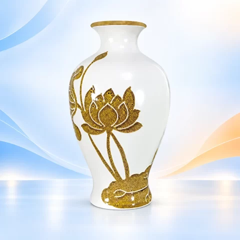 Lọ hoa đùi dế H29 men trắng sen gấm vàng