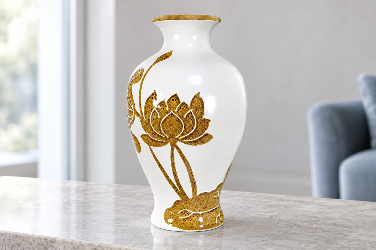 Lọ đùi dế men trắng sen vàng ở góc tiếp khách