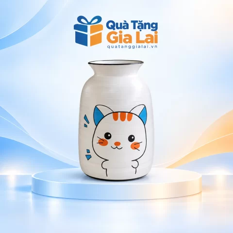 Lọ hoa men xước H21 mèo tai xanh, nền trắng và điểm cam