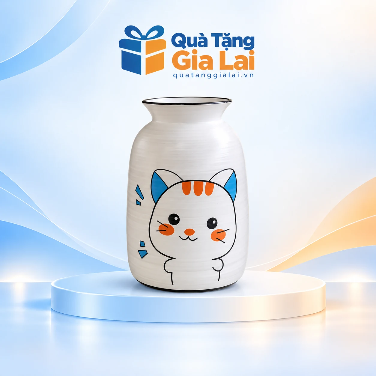 Lọ hoa men xước H21 mèo tai xanh, nền trắng và điểm cam