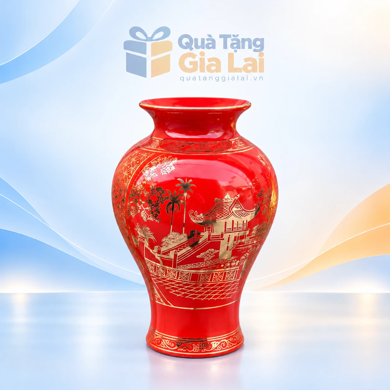 Lọ hoa men đỏ H30 họa tiết phong cảnh vàng kim