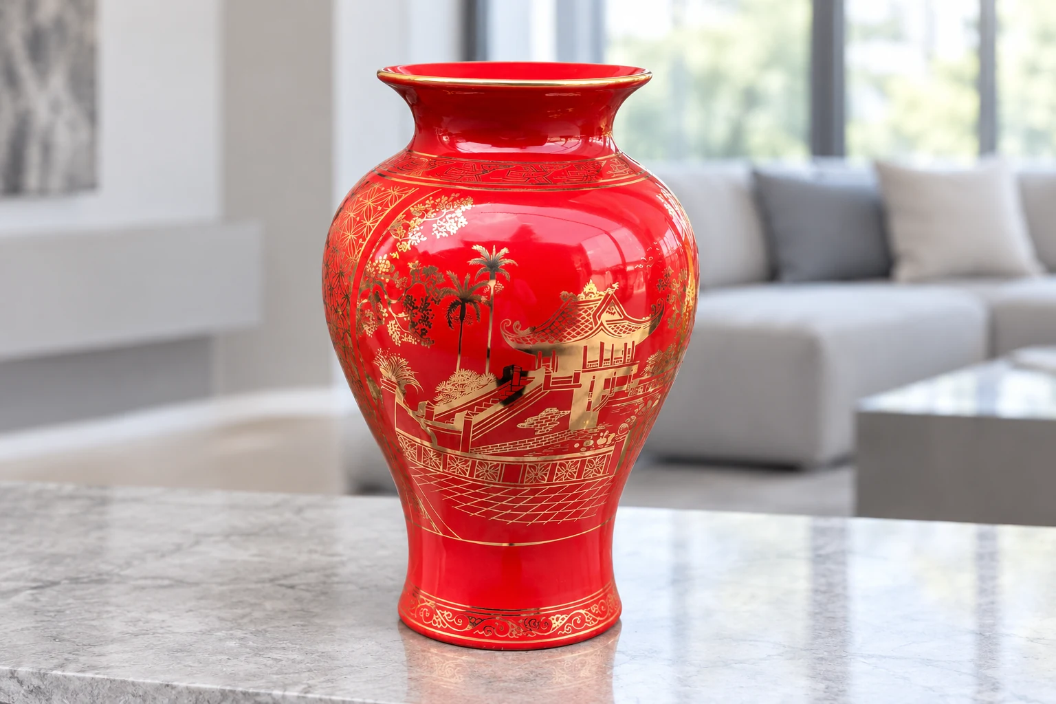 Lọ hoa men đỏ H30 trên bàn tiếp khách sáng màu