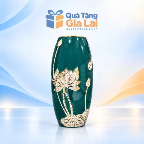Lọ hoa H31 men xanh ngọc họa tiết sen vàng