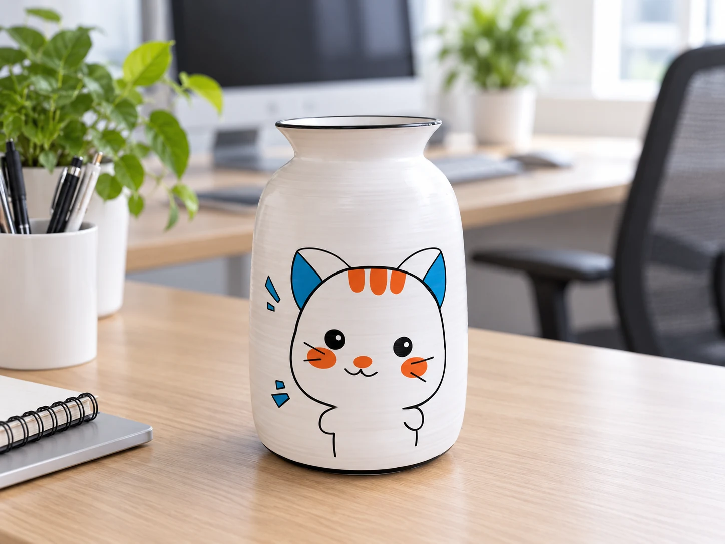 Lọ mèo tai xanh đặt ở góc bàn làm việc