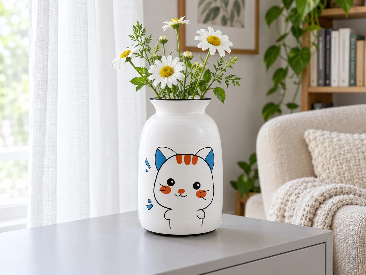 Lọ mèo tai xanh cắm hoa sáng màu ở góc nhà
