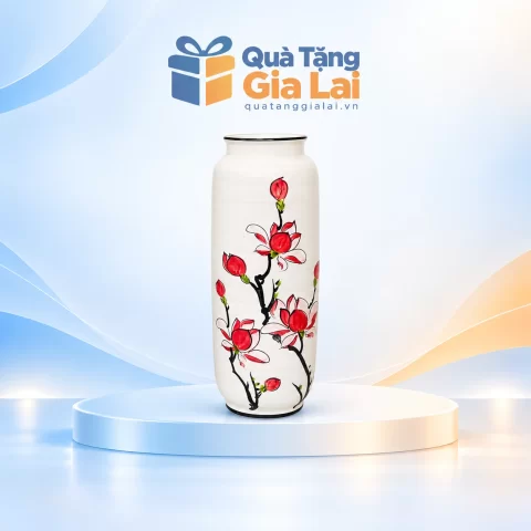 Lọ hoa trụ ống men xước H37 hoa đỏ, nền trắng và viền đen