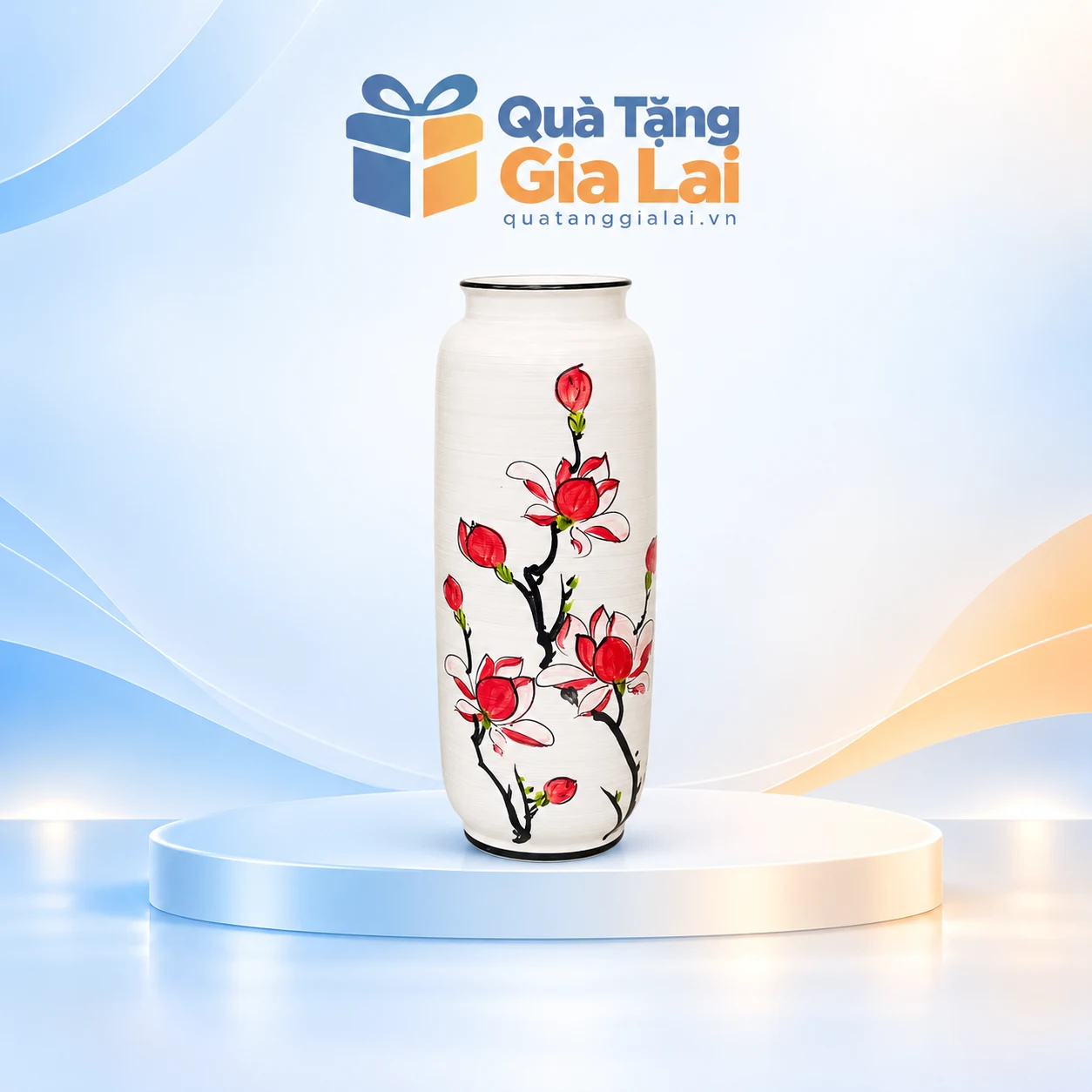 Lọ hoa trụ ống men xước H37 hoa đỏ, nền trắng và viền đen