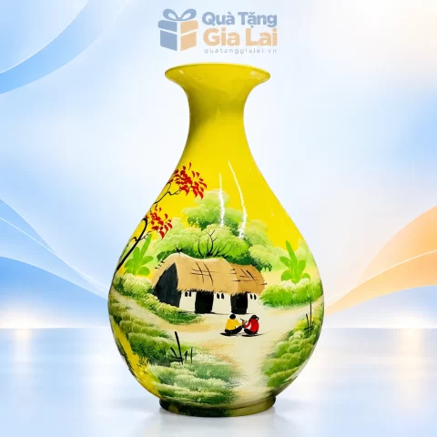 Lọ hoa tỳ bà H35 sơn mài vàng cảnh nhà tranh