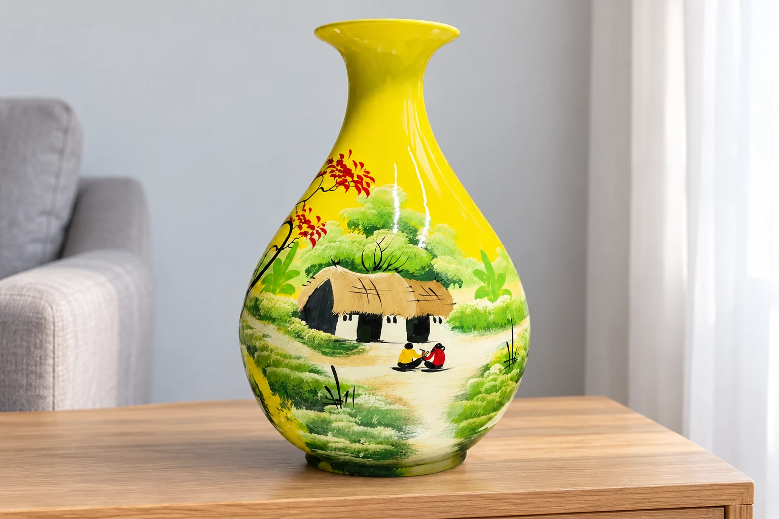 Lọ tỳ bà vàng nhà tranh trên tủ phòng khách