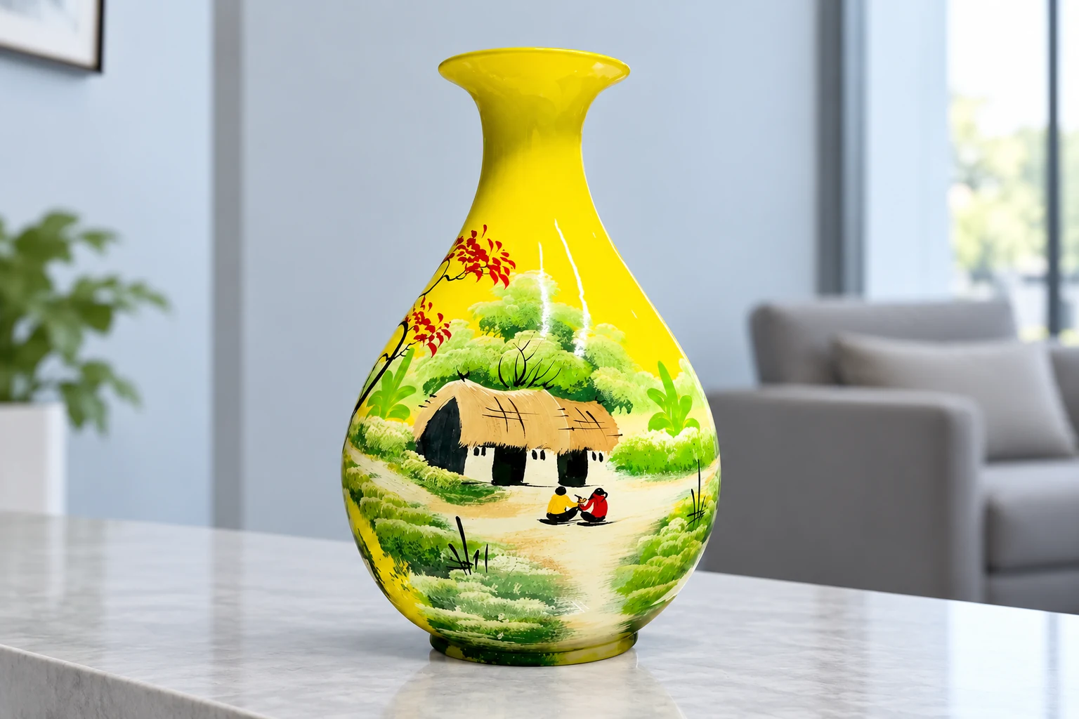 Lọ tỳ bà vàng cảnh nhà tranh ở góc tiếp khách
