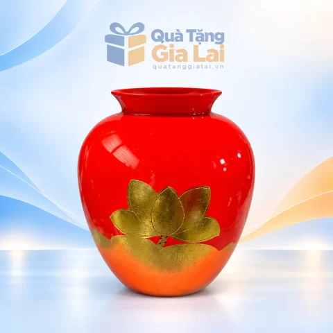 Lọ hoa vò sơn mài H23 đỏ cam họa tiết sen vàng