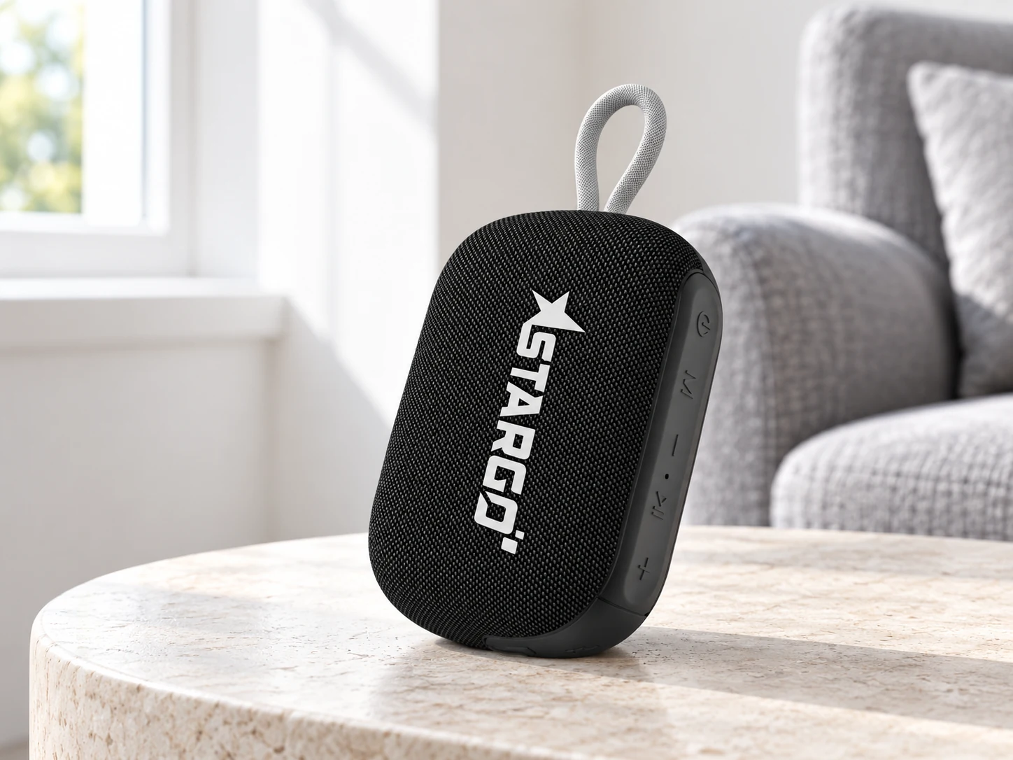 Loa StarGO Wave Mini trên bàn cạnh ghế đọc sách màu xám