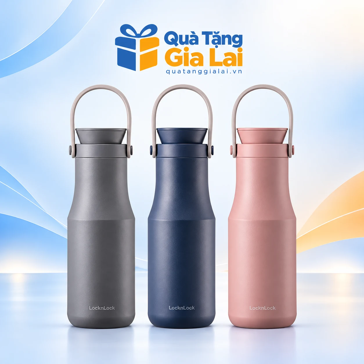 Ba màu xám, navy và hồng của LocknLock Metro Double 470 ml trên nền Gia Lai