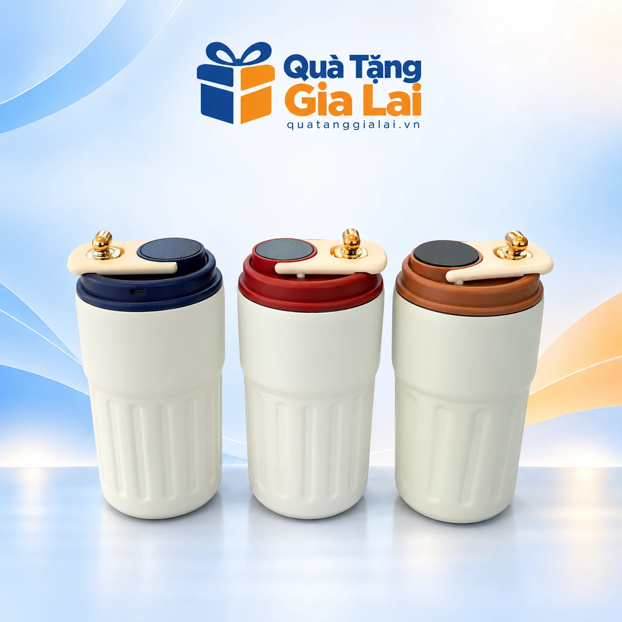Ly giữ nhiệt 410ml thân kem với ba màu nắp