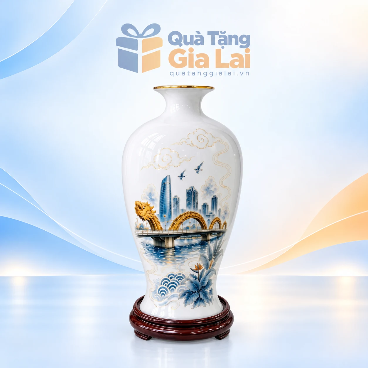 Mai bình sứ H36 cảnh Cầu Rồng trên đế gỗ