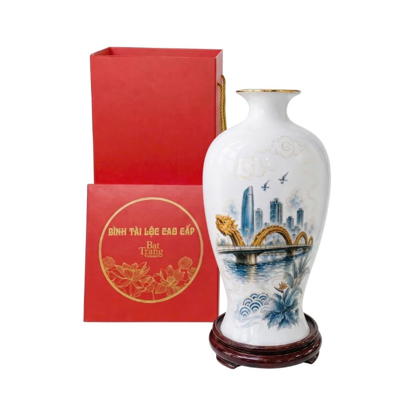 Mai bình Cầu Rồng H36 cùng đế gỗ và hộp nắp chụp đỏ