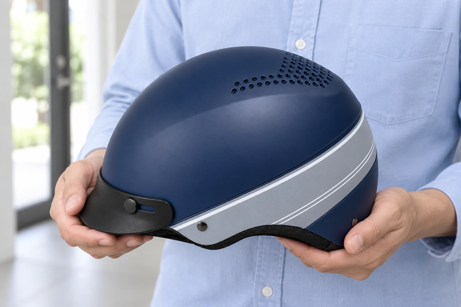 Người lớn cầm xem phần vỏ mũ tổ ong xanh navy phối xám
