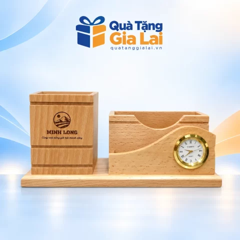 Ống đựng bút gỗ kèm đồng hồ tròn viền vàng trên đế dài