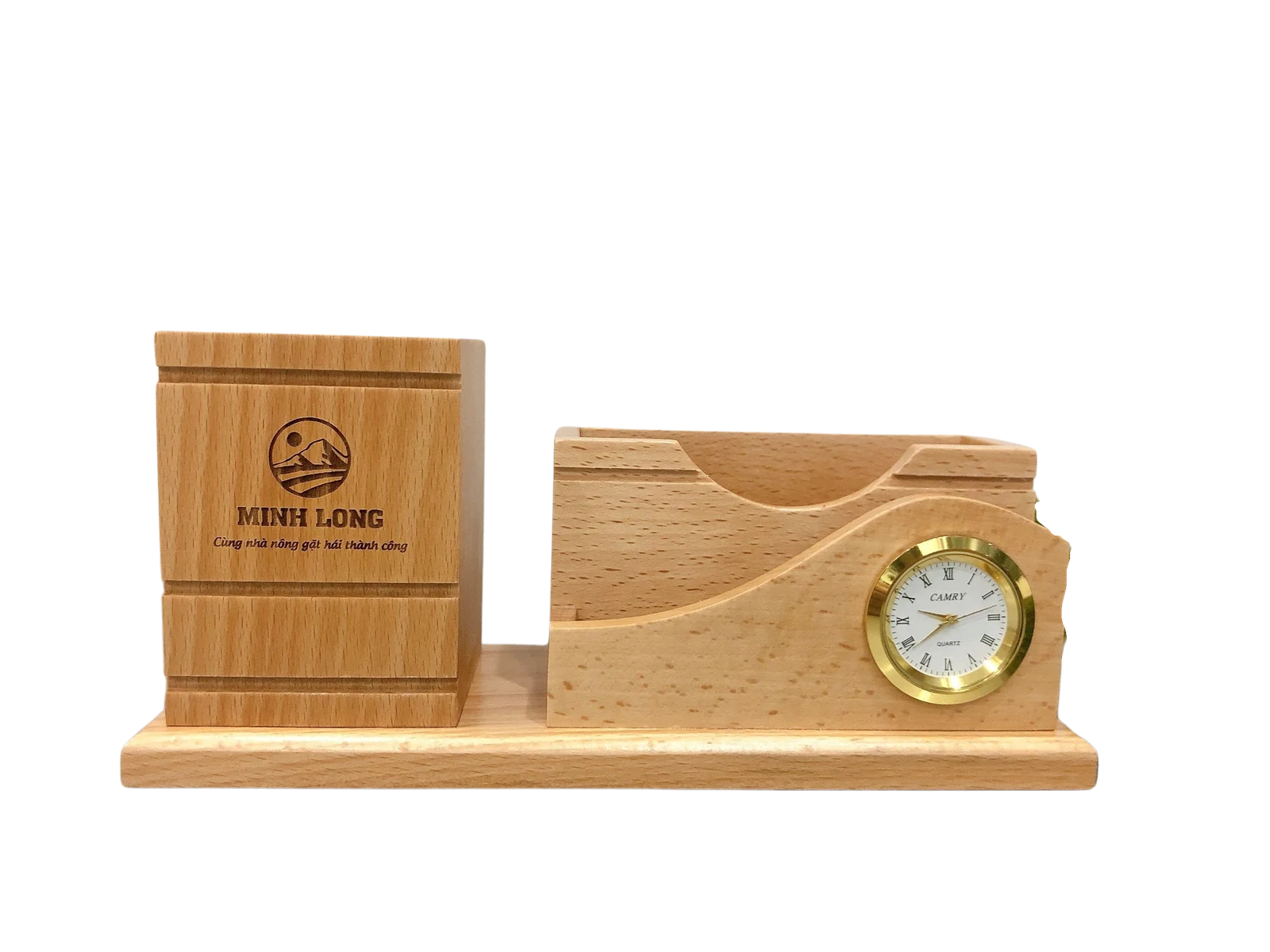 Ống bút gỗ với logo khắc Minh Long và đồng hồ mặt trắng