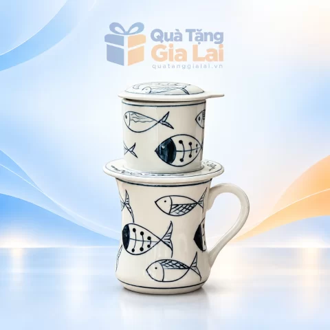 Bộ phin cà phê sứ dáng cao họa tiết cá xanh