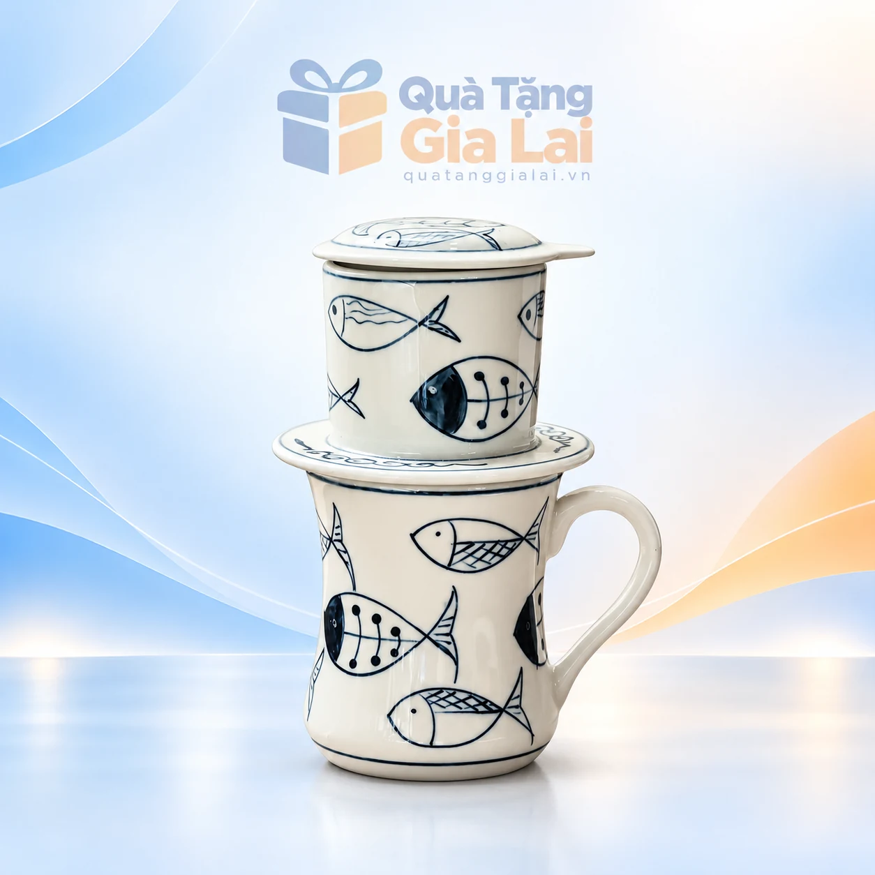 Bộ phin cà phê sứ dáng cao họa tiết cá xanh