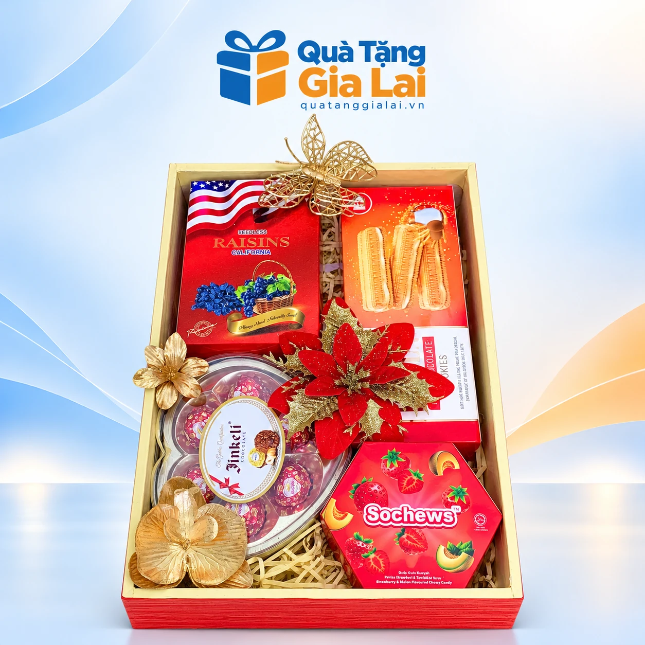 Bộ quà Tết Xuân Về 03 phối bánh kẹo và nho khô trong khay đỏ