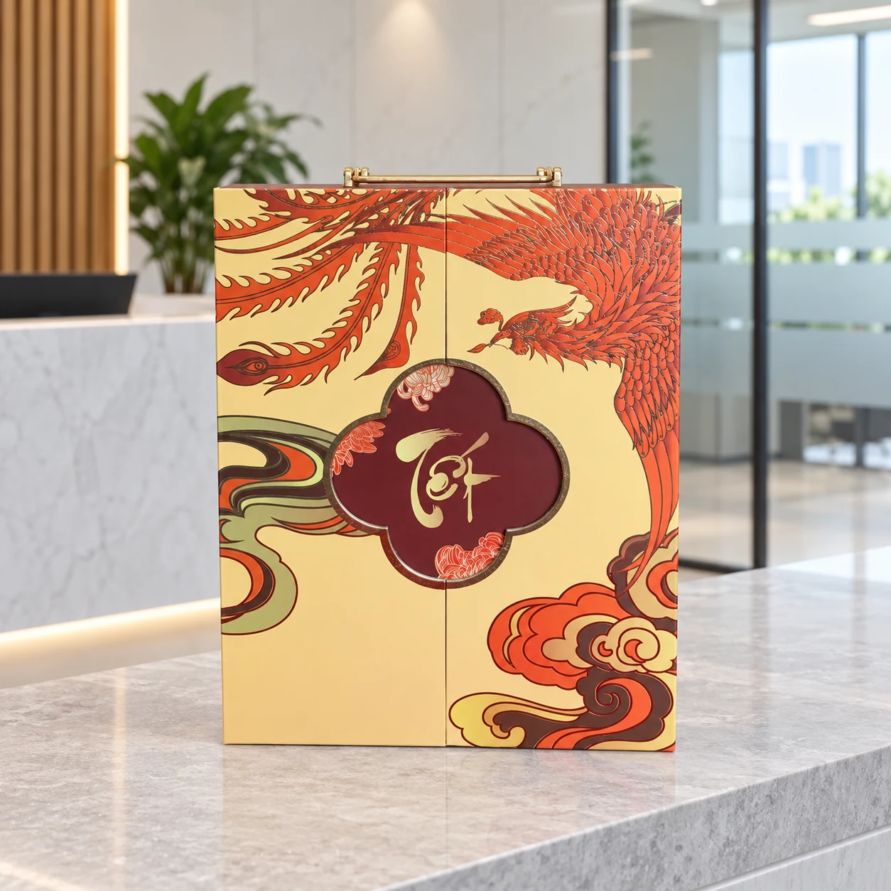 Hộp quà Xuân Về 10 đặt trên quầy tiếp đón văn phòng